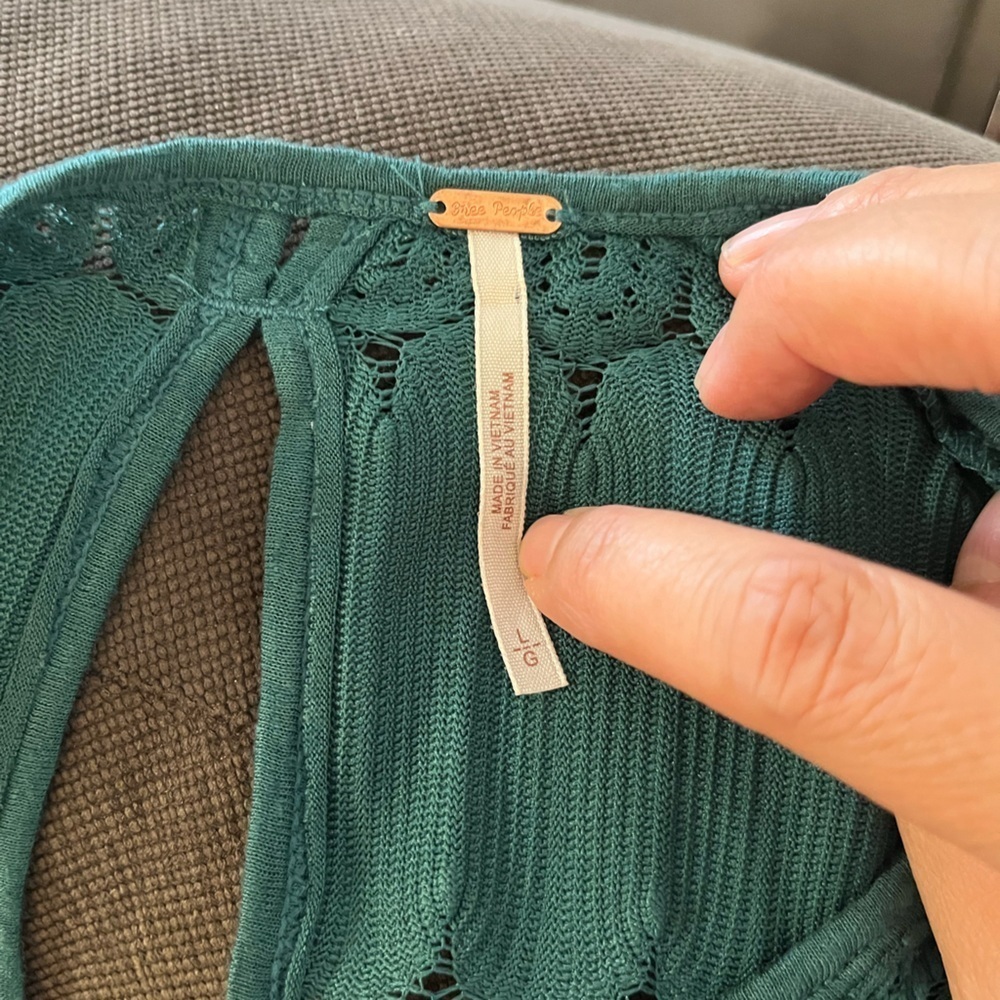Free People Fire Island Open Knit top. Green, 3/4 sleeve, waist tie, lace. Large - Picture 6 of 15